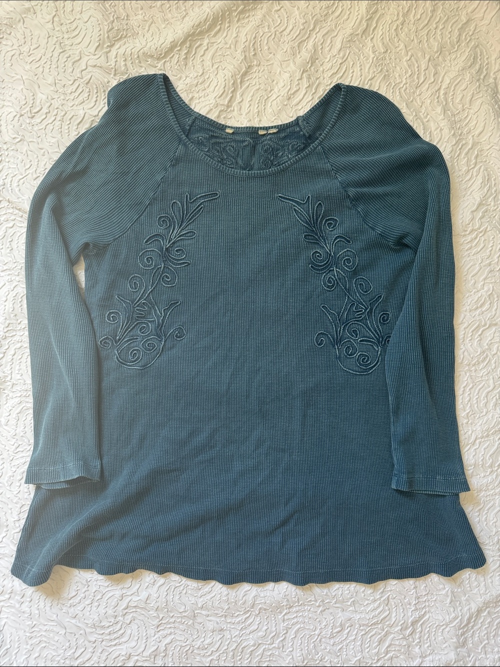 Soft Surroundings Teal Embroidered Scoop Neck Long Sleeve Top